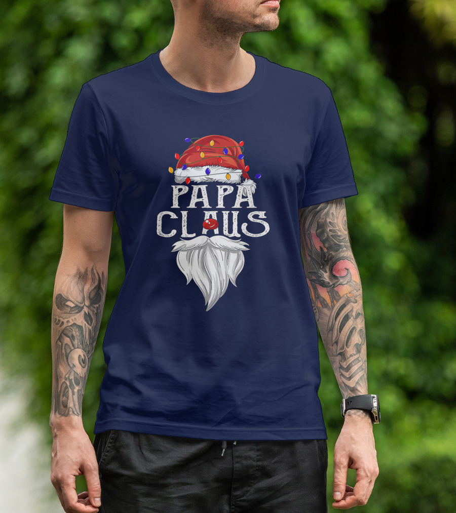 Papa Claus Santa Hat Beard Christmas Lights T-Shirt