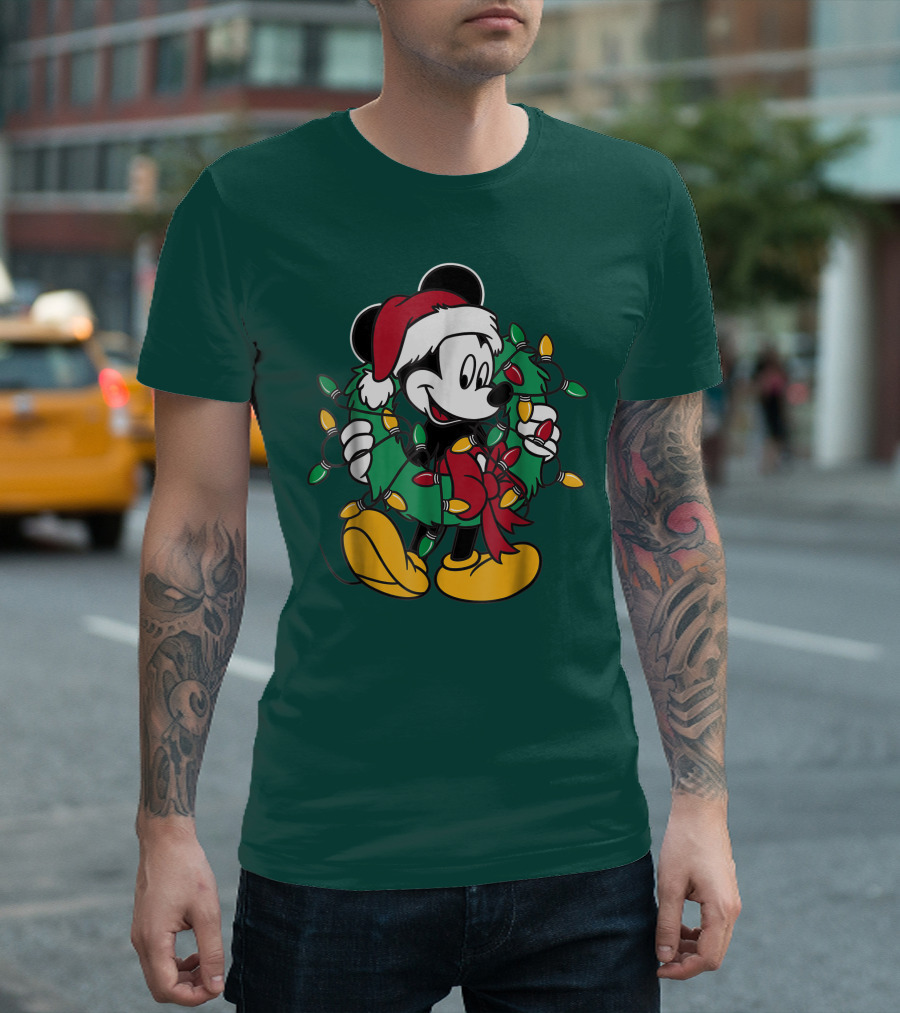 Disney Mickey Mouse Santa Hat Christmas Lights Wreath T-Shirt