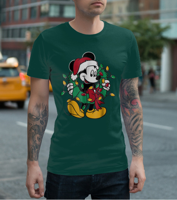 Disney Mickey Mouse Santa Hat Christmas Lights Wreath T-Shirt