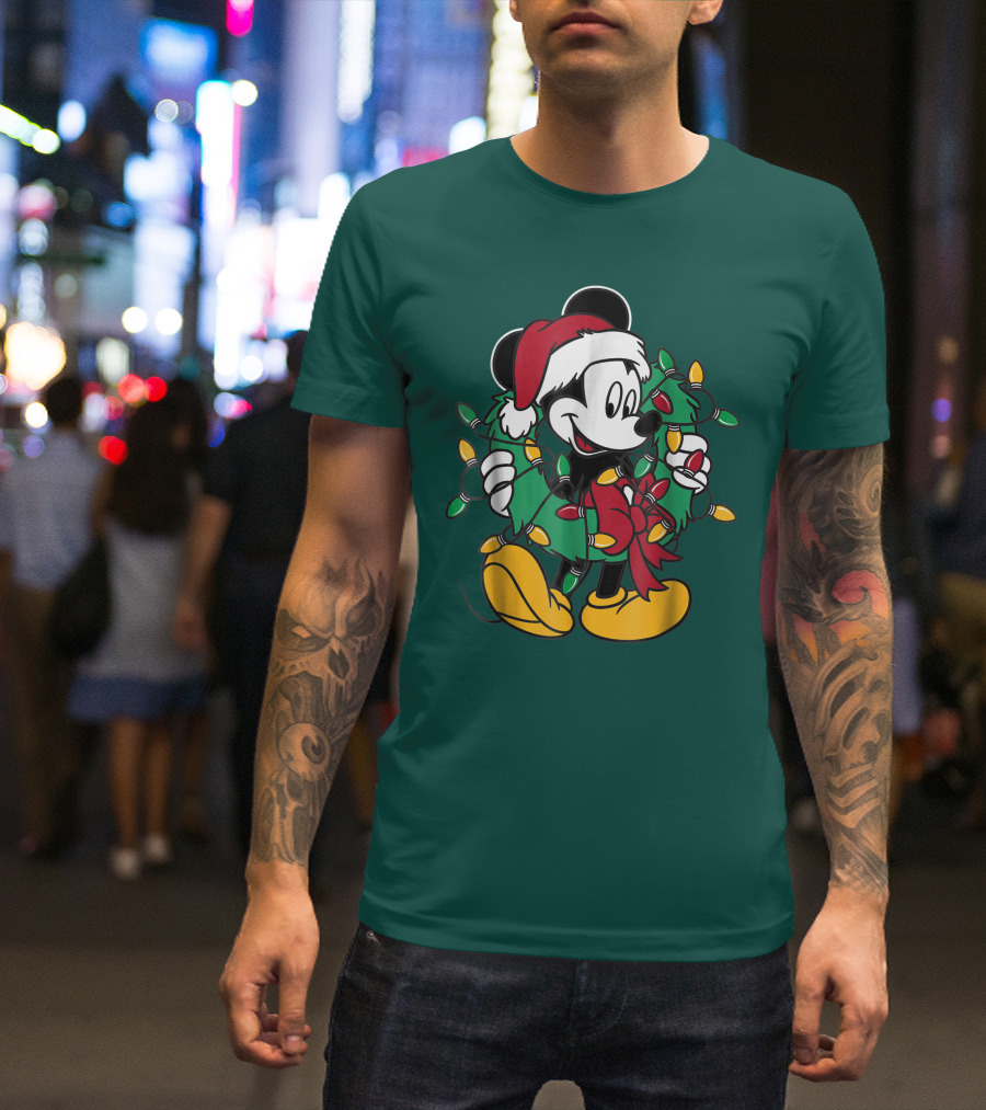 Disney Mickey Mouse Santa Hat Christmas Lights Wreath T-Shirt