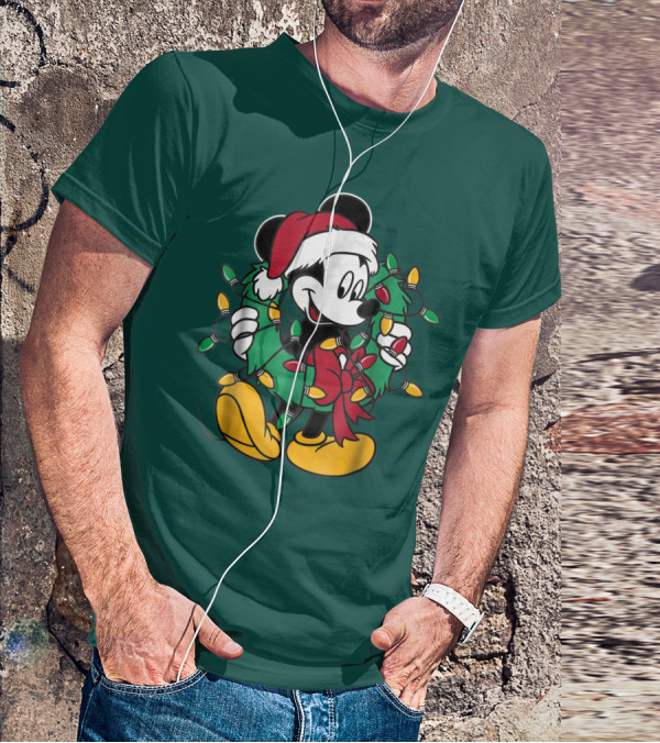 Disney Mickey Mouse Santa Hat Christmas Lights Wreath T-Shirt