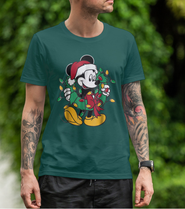 Disney Mickey Mouse Santa Hat Christmas Lights Wreath T-Shirt