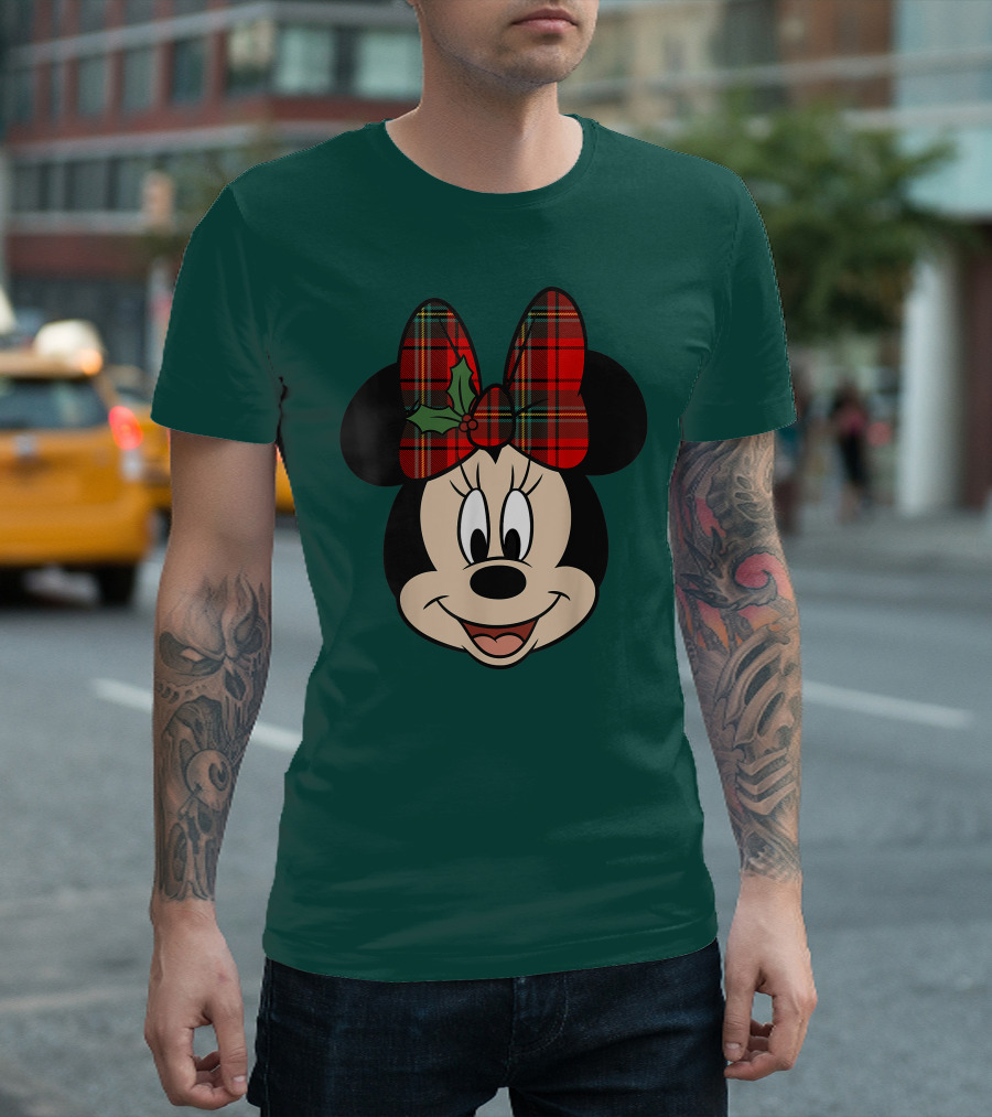 Disney Minnie Mouse Plaid Christmas Bow with Holly T-Shirt