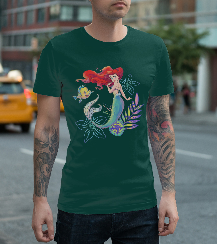 Disney The Little Mermaid Ariel Flounder Floral T-Shirt