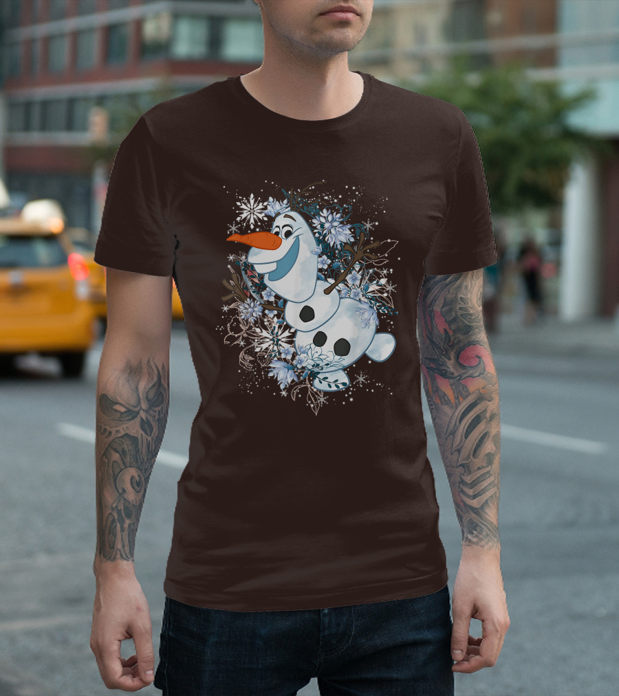 Olaf Dancing Surrounded by Snowflakes and Flowers from Disney Frozen T-Shirt