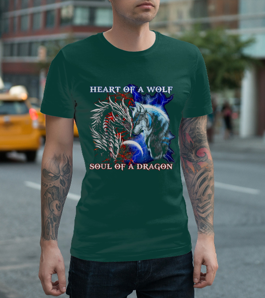 HEART OF A WOLF SOUL OF A DRAGON Wolf Dragon Lightning Planet Cracked Earth T-Shirt