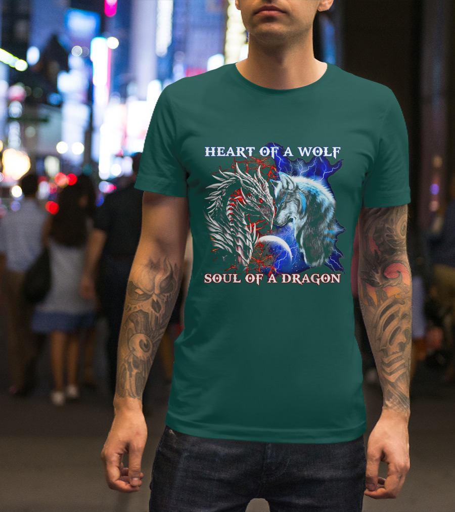 HEART OF A WOLF SOUL OF A DRAGON Wolf Dragon Lightning Planet Cracked Earth T-Shirt