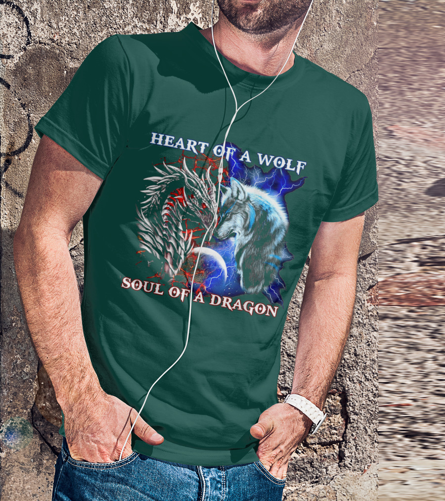 HEART OF A WOLF SOUL OF A DRAGON Wolf Dragon Lightning Planet Cracked Earth T-Shirt