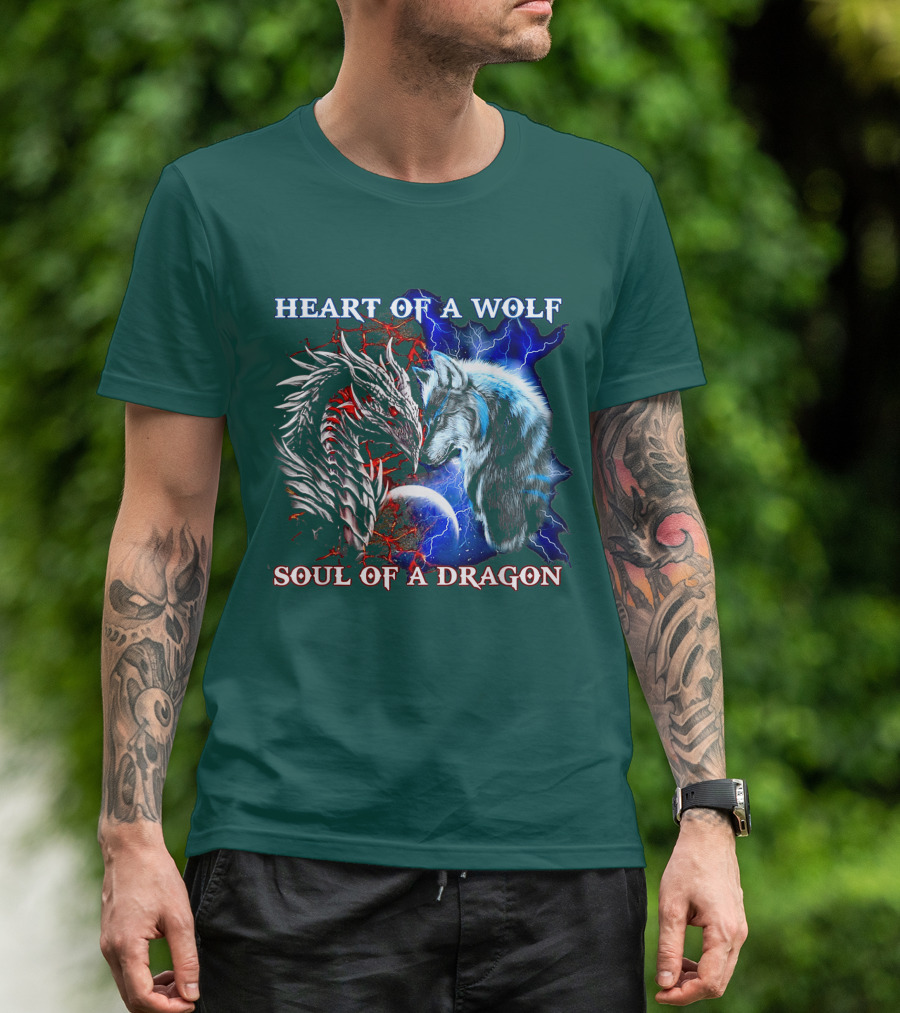 HEART OF A WOLF SOUL OF A DRAGON Wolf Dragon Lightning Planet Cracked Earth T-Shirt