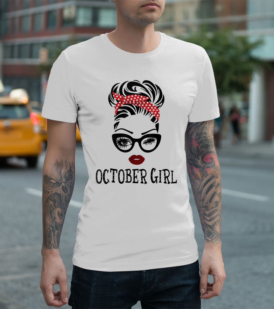October Girl Woman Face Wink Eyes Red Lipstick Polka Dot Headband T-Shirt