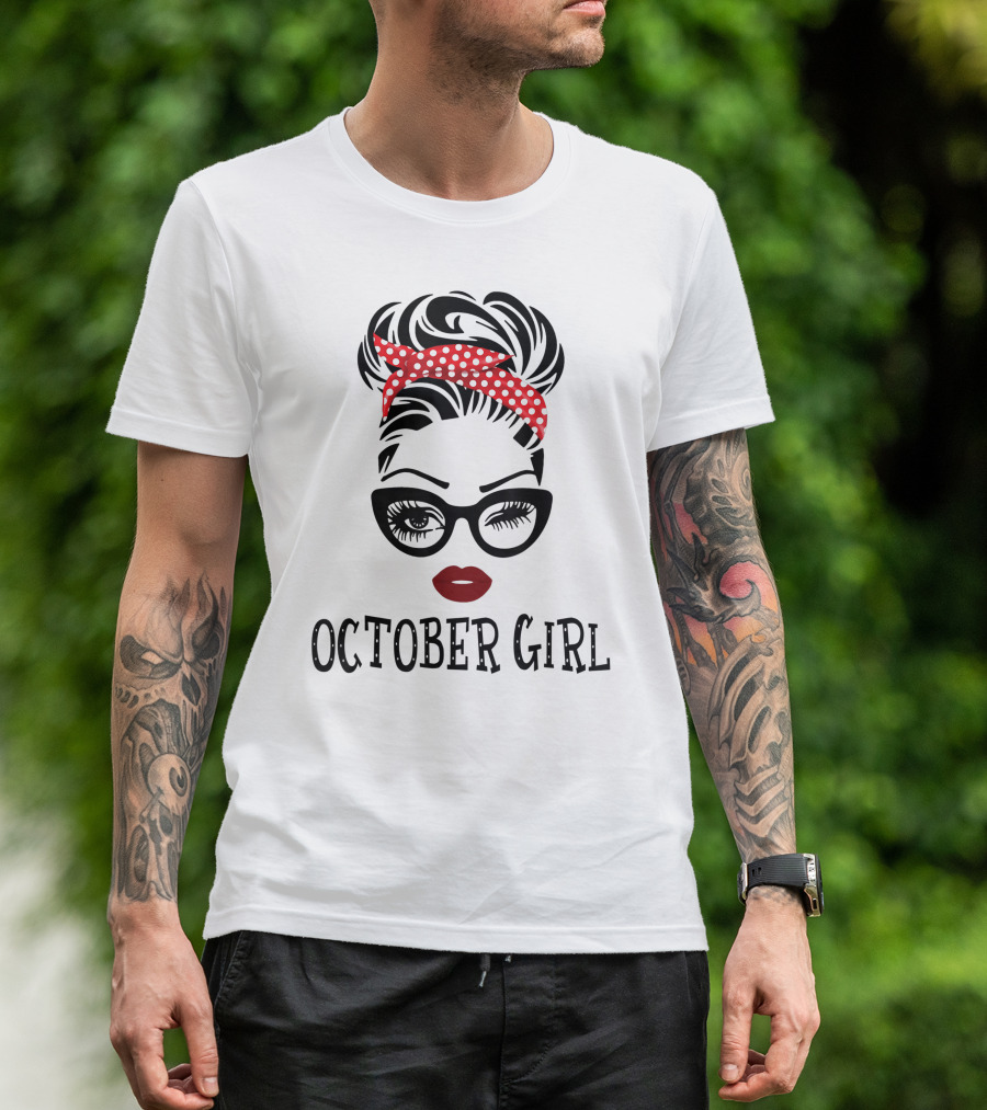 October Girl Woman Face Wink Eyes Red Lipstick Polka Dot Headband T-Shirt