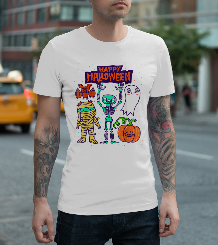 Happy Halloween Skeleton Ghost Pumpkin Mummy Bat T-Shirt