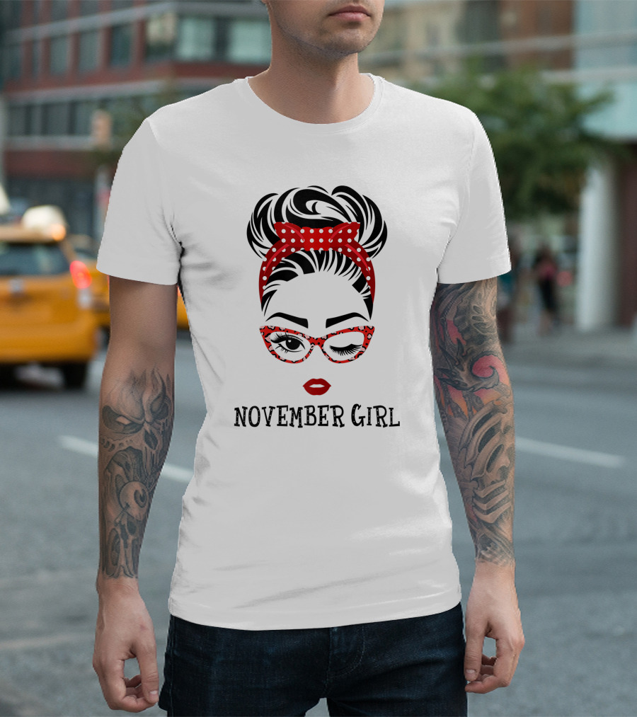 November Girl Wink Eye Woman Face Wink Eyes Lady Birthday Red Polka Dot Glasses T-Shirt