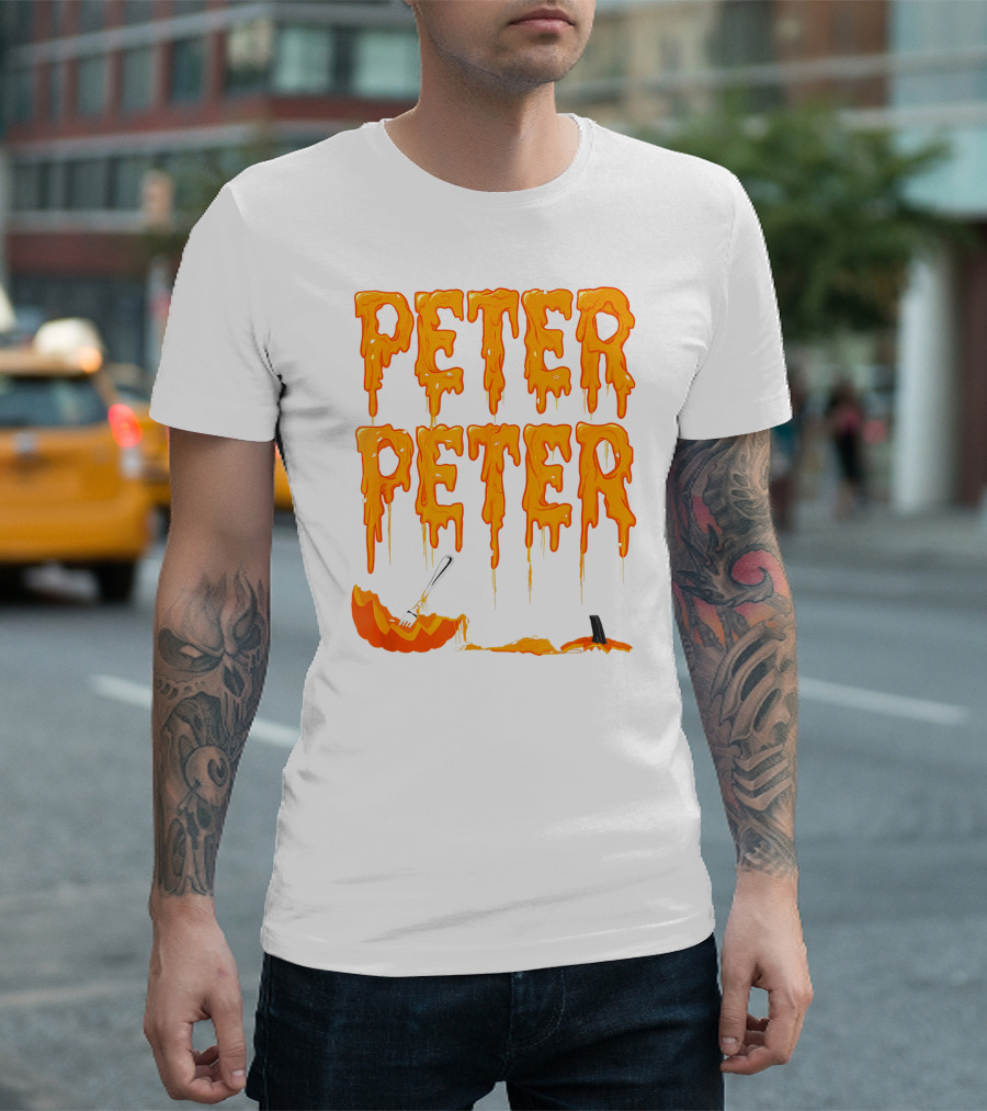 Peter Peter Pumpkin Eater Dripping Orange Text with Fork in Pumpkin T-Shirt