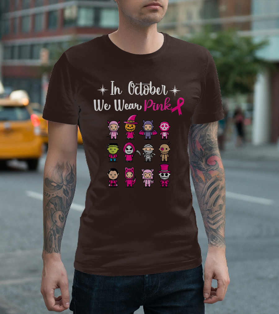 In October We Wear Pink Breast Cancer Awareness Halloween Characters T-Shirt