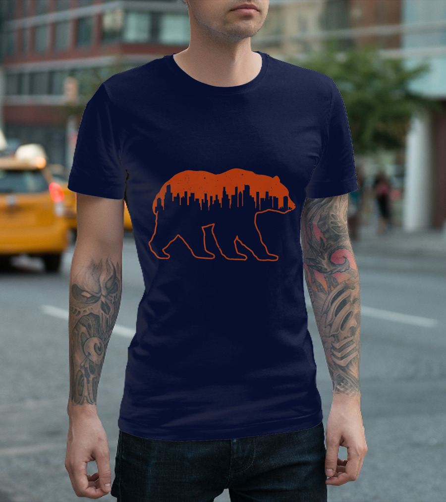 Vintage Downtown Chicago City Skyline Bear Silhouette Novelty T-Shirt