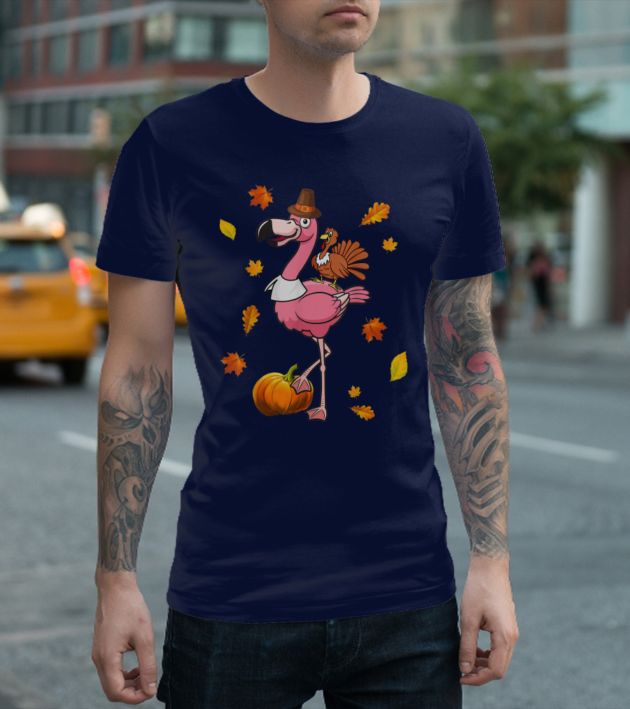 Thanksgiving Flamingo Pilgrim and Turkey with Autumn Leaves and Pumpkin T-Shirt