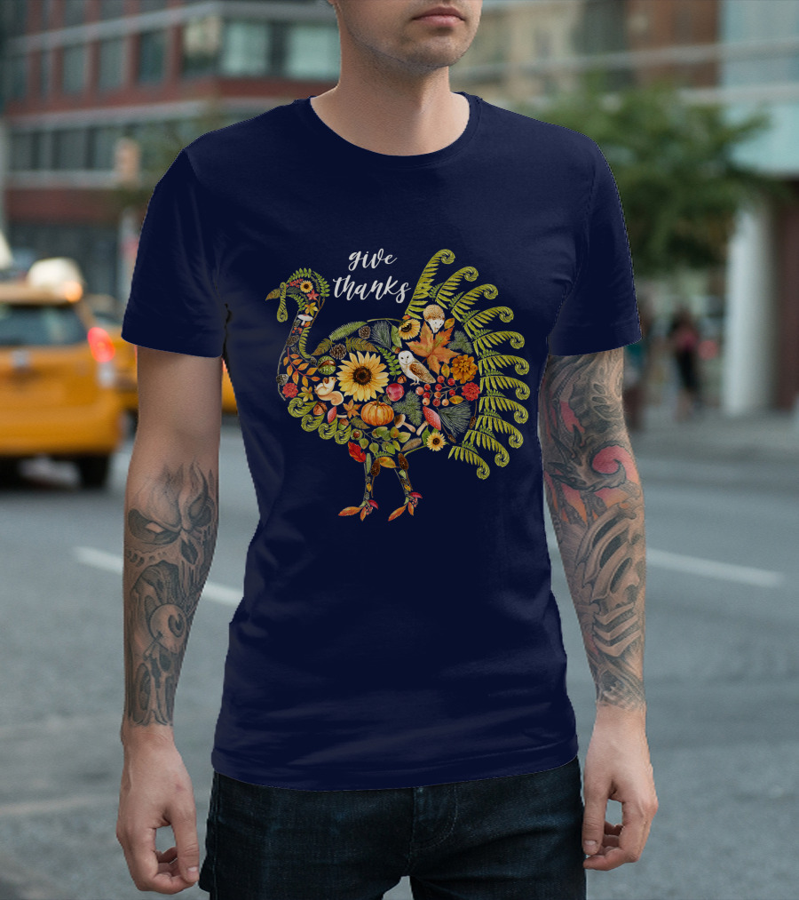 Give Thanks Vintage Autumn Botanical Turkey Thanksgiving T-Shirt