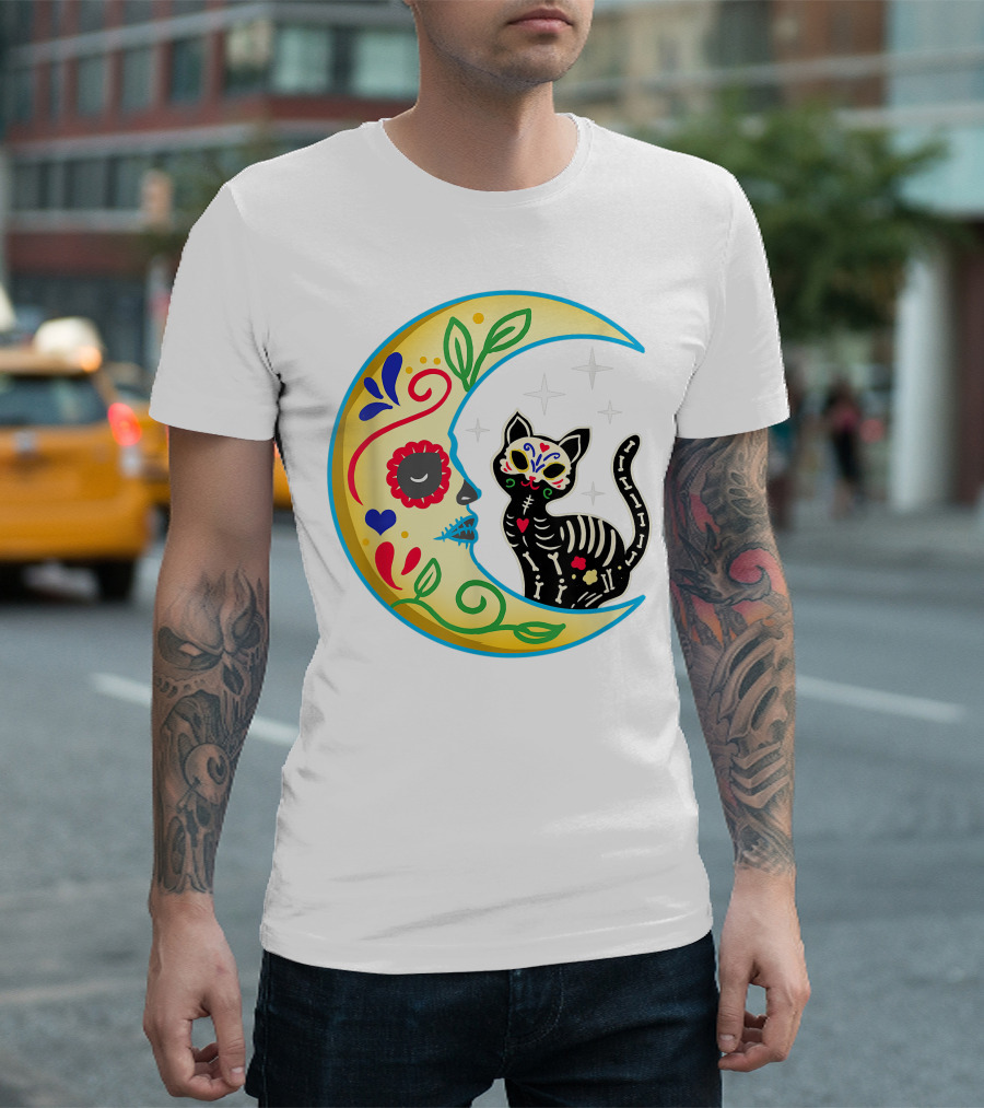 Cat and Moon Sugar Skull Dia de Los Muertos Day of the Dead Mexican Festival T-Shirt