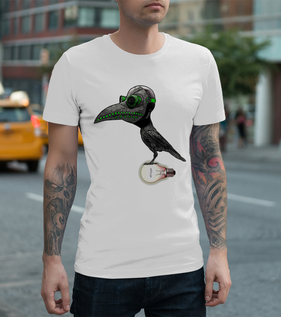 Bird in Plague Doctor Mask Perched on Light Bulb T-Shirt