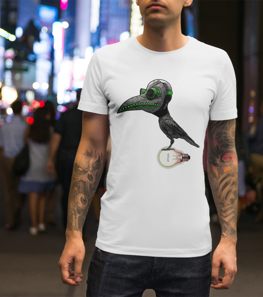 Bird In Plague Doctor Mask Perched On Light Bulb T-Shirt