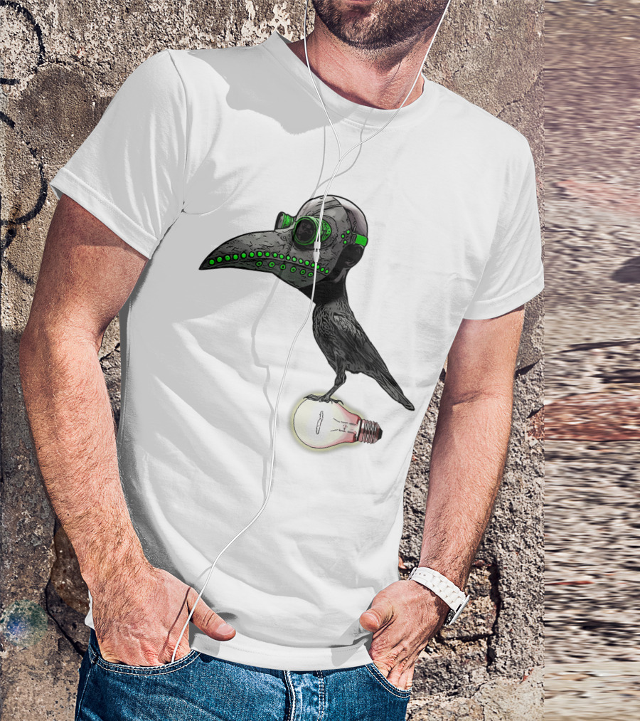 Bird In Plague Doctor Mask Perched On Light Bulb T-Shirt