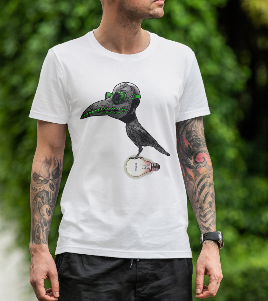 Bird In Plague Doctor Mask Perched On Light Bulb T-Shirt