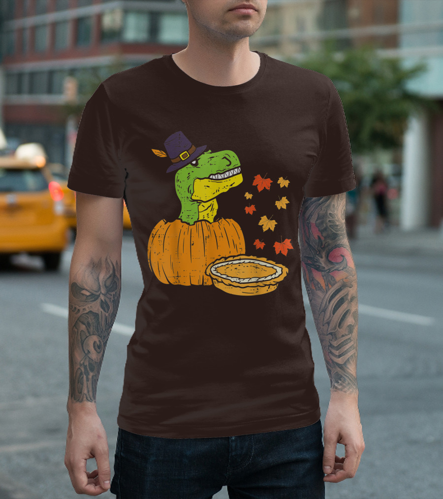 Pilgrim Trex Dinosaur Pumpkin Leaves Pie T-Shirt