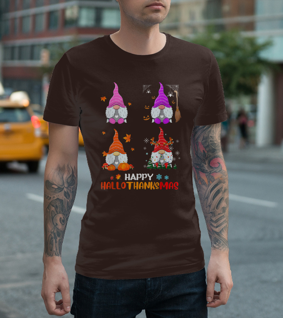 Happy Hallothanksmas Gnome Halloween Thanksgiving Christmas T-Shirt