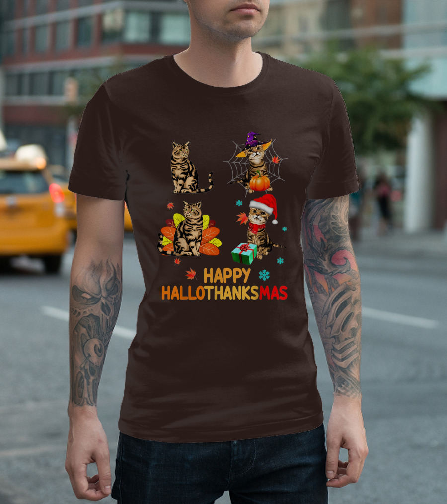 Happy Hallothanksmas Cats with Pumpkin, Autumn Leaves, Santa Hat, and Gift T-Shirt