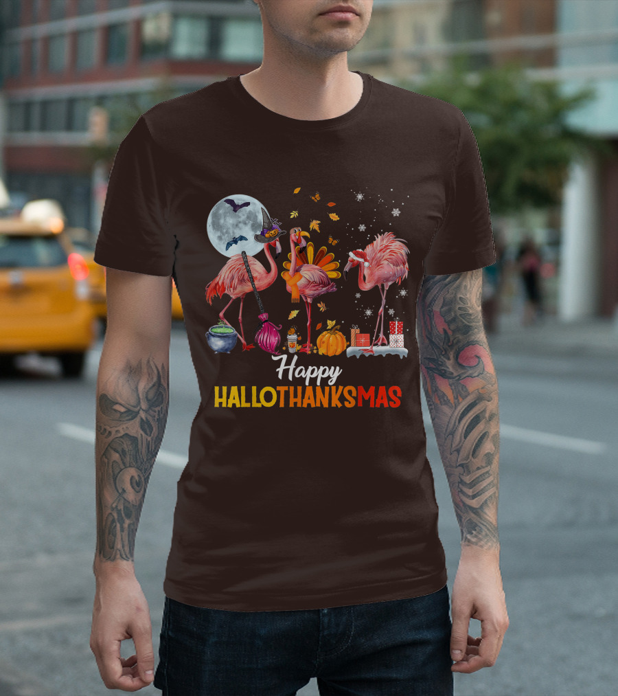 Happy Hallothanksmas Flamingo Halloween Merry Christmas T-Shirt