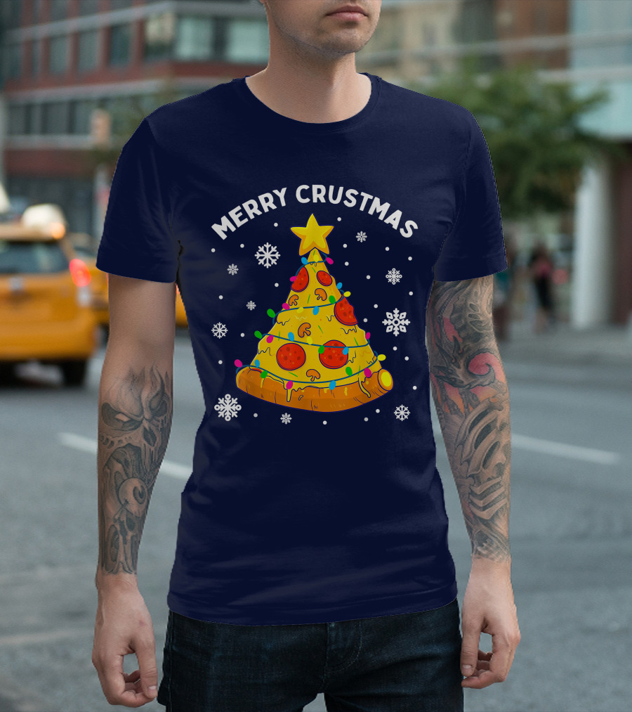 Merry Crustmas Pizza Christmas Tree with Cheese Garland and Snowflakes T-Shirt