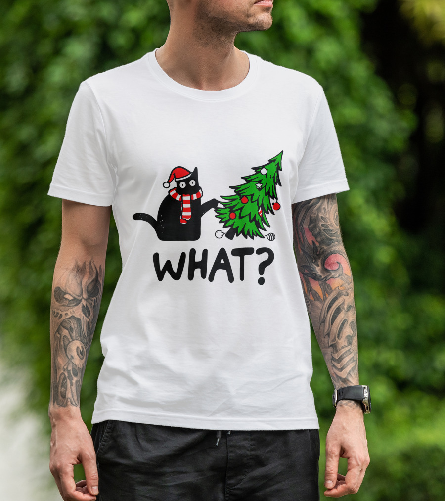 Funny Black Cat Santa Hat Pushing Over Christmas Tree What T-Shirt