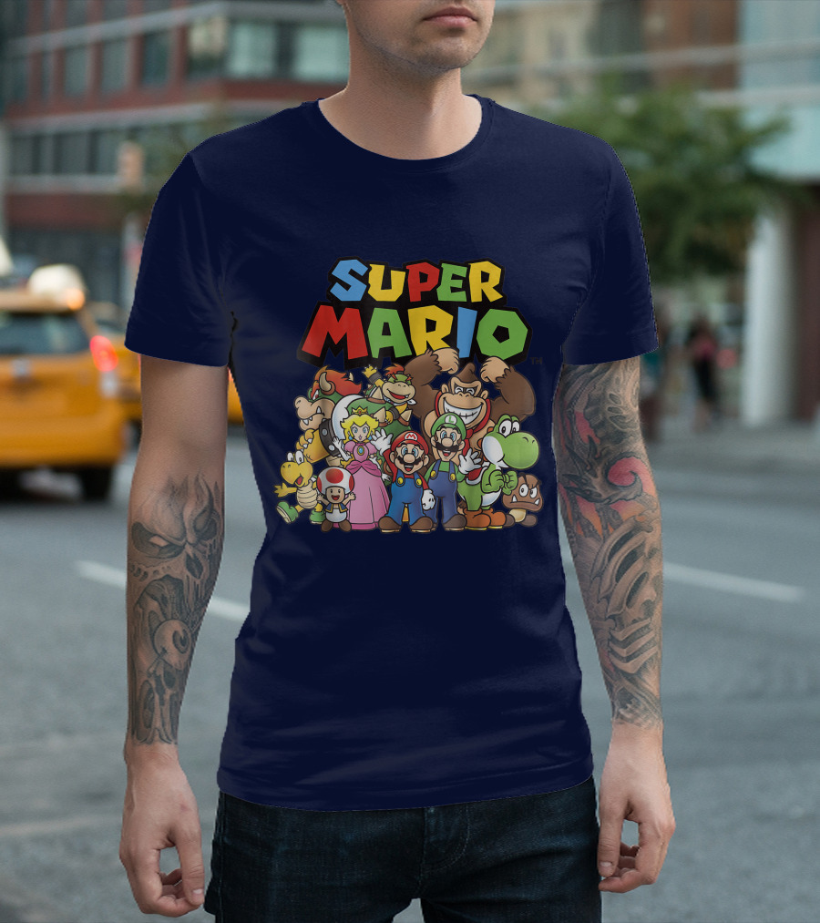 Super Mario Funny Full Cast Group Characters Bowser Donkey Kong Yoshi Luigi Princess Peach Toad T-Shirt