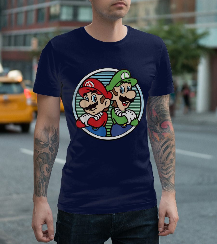 Super Mario Luigi Back To Back Iconic Brothers Circular Retro Stripes T-Shirt