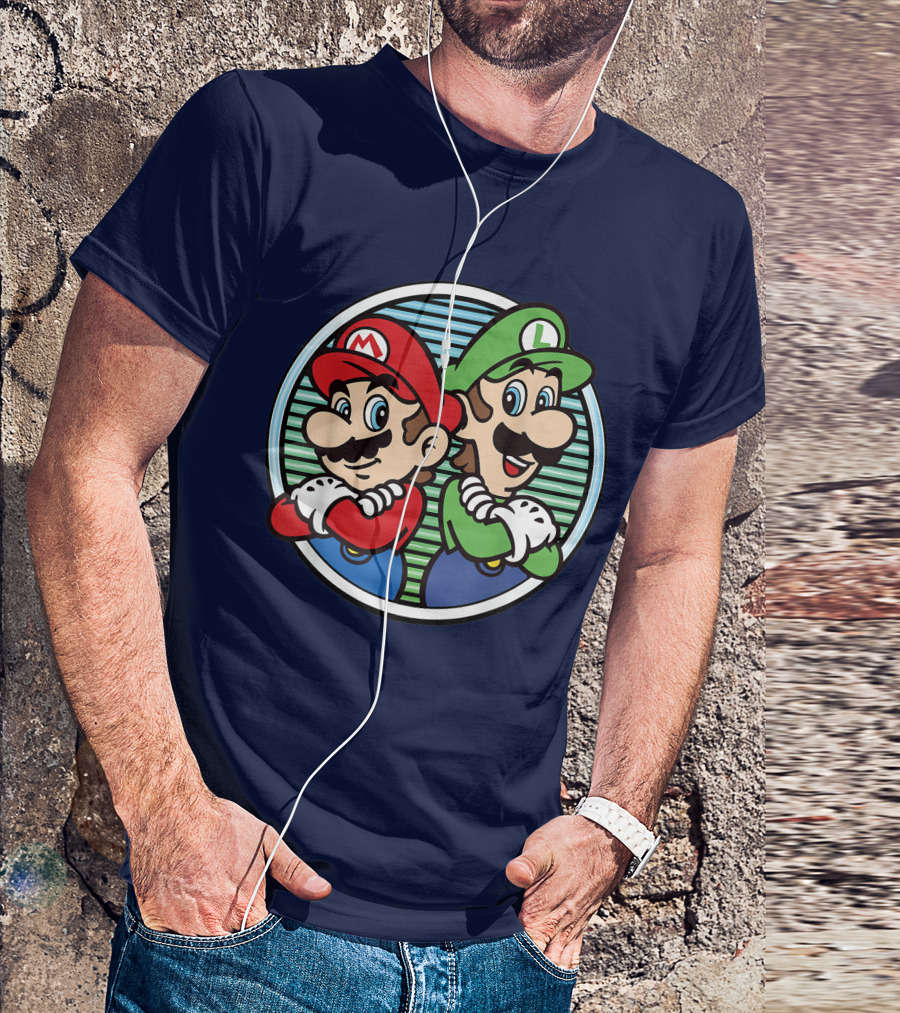 Super Mario Luigi Back To Back Iconic Brothers Circular Retro Stripes T-Shirt