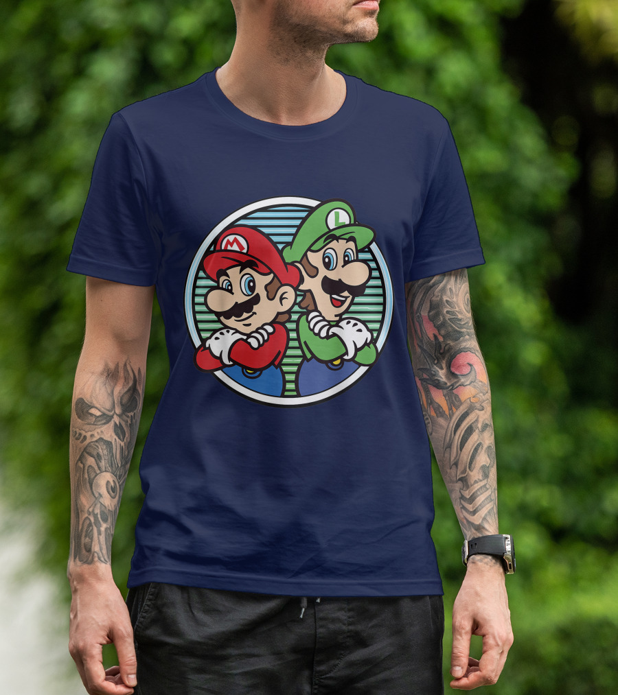 Super Mario Luigi Back To Back Iconic Brothers Circular Retro Stripes T-Shirt