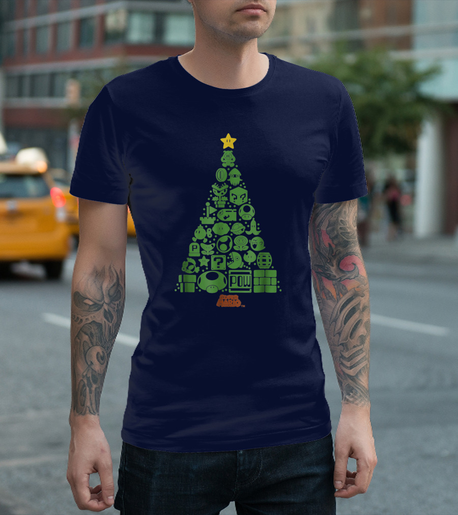Super Mario Green Icon Christmas Tree with Star and Blocks T-Shirt