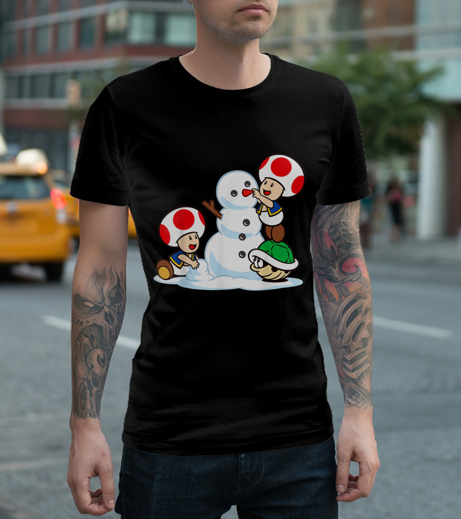 Funny Super Mario Toad Building a Snowman with Shell帽 T-Shirt
