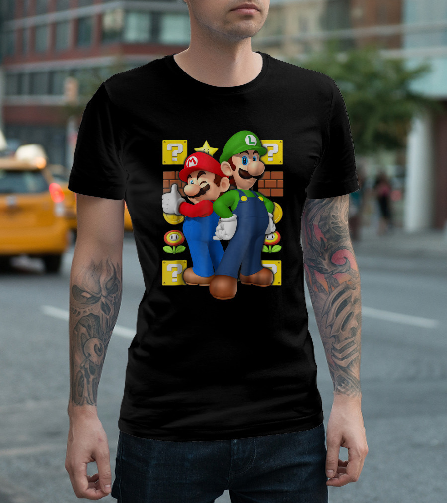 Super Mario Brothers Mario And Luigi With Question Blocks And Power-Up Icons T-Shirt