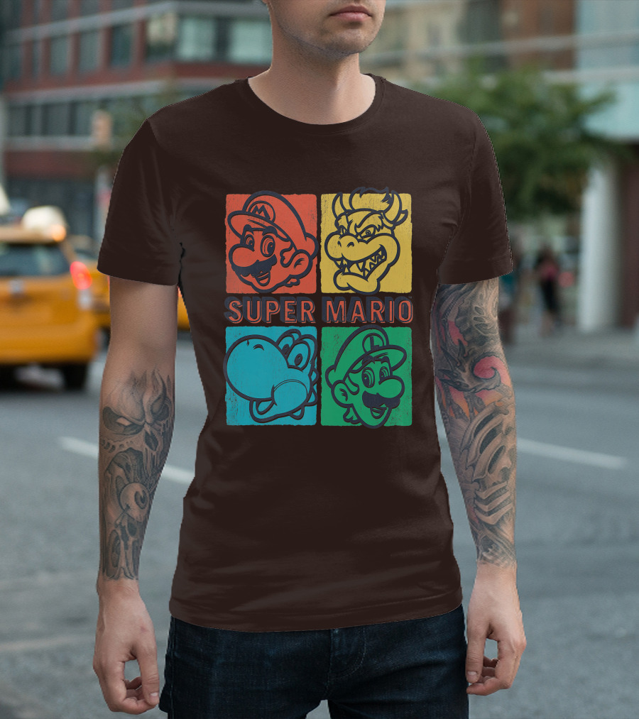Super Mario Bowser Yoshi Luigi Distressed Square Group Shot T-Shirt