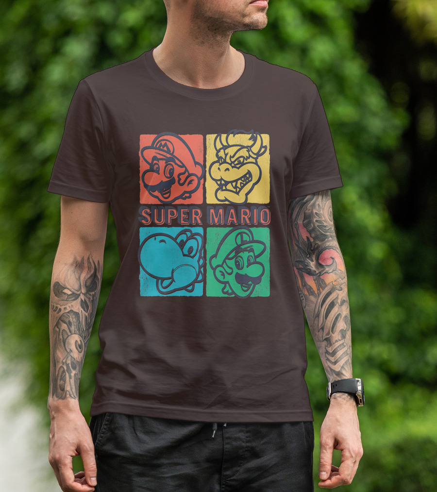 Super Mario Bowser Yoshi Luigi Distressed Square Group Shot T-Shirt