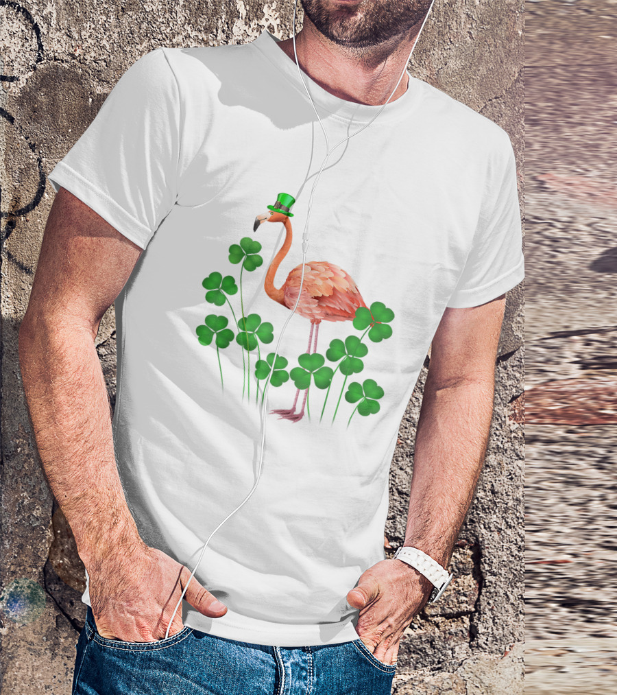 Flamingo With Shamrocks And Leprechaun Hat T-Shirt