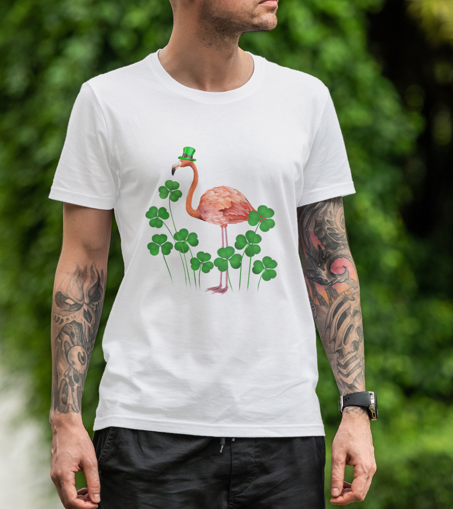 Flamingo With Shamrocks And Leprechaun Hat T-Shirt