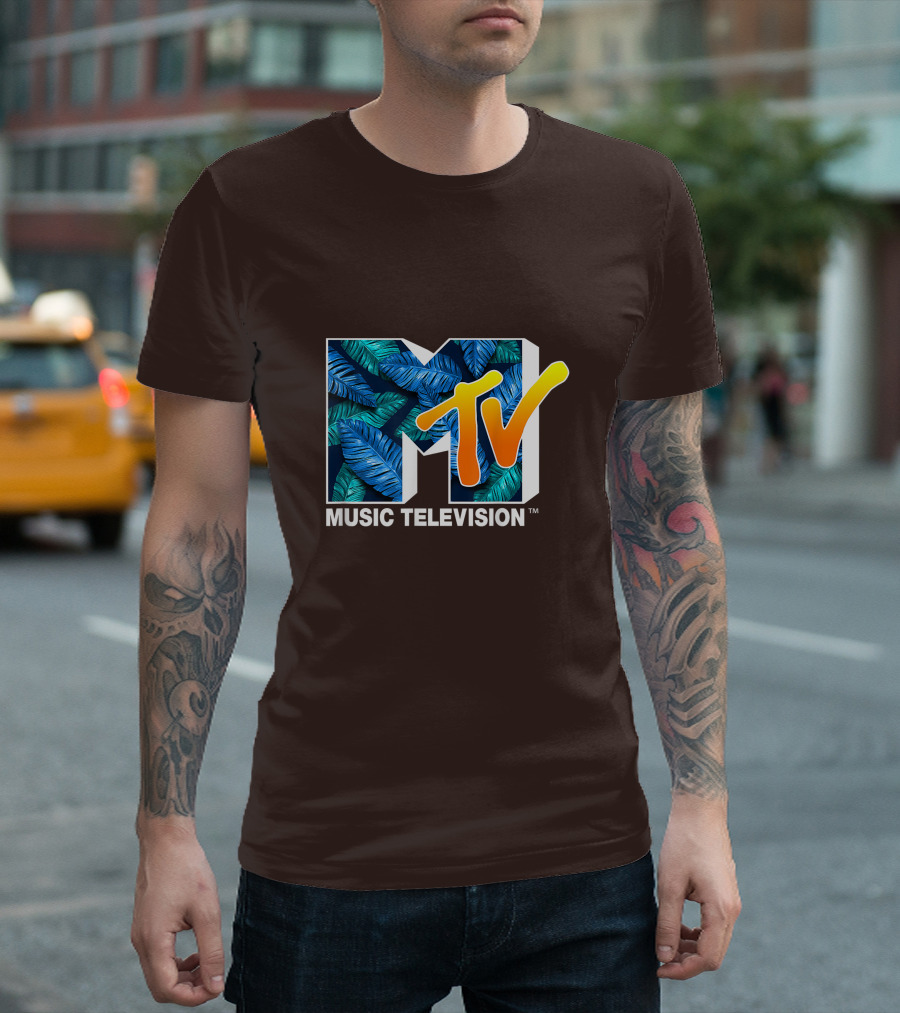 MTV Music Television Blue Green Tropical Leaf Fill T-Shirt
