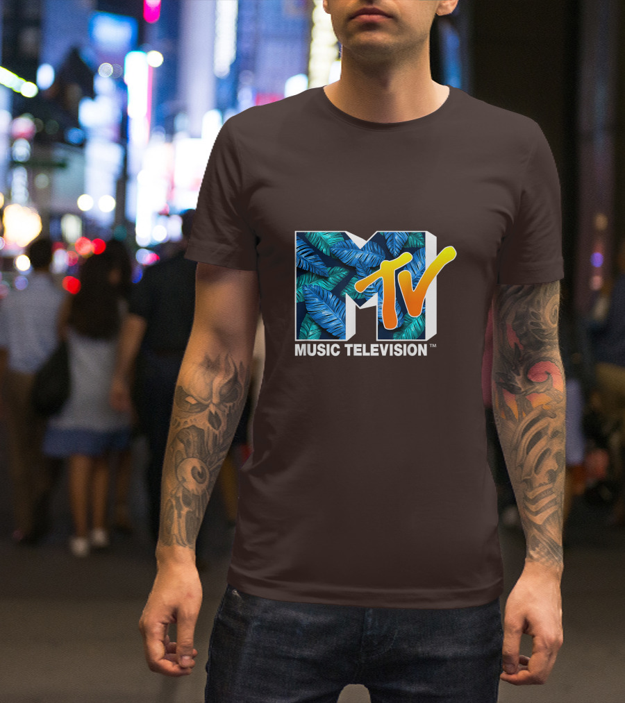MTV Music Television Blue Green Tropical Leaf Fill T-Shirt