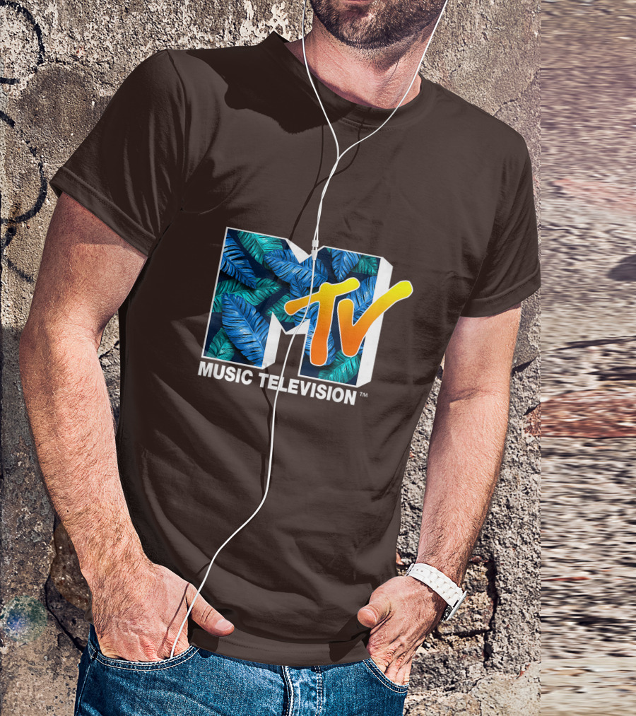 MTV Music Television Blue Green Tropical Leaf Fill T-Shirt