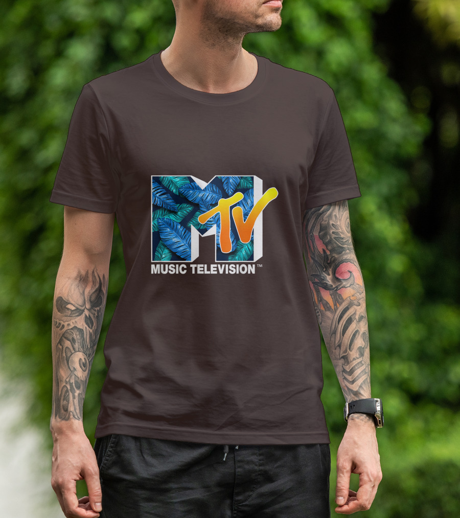 MTV Music Television Blue Green Tropical Leaf Fill T-Shirt
