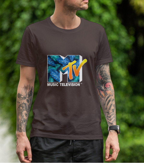 MTV Music Television Blue Green Tropical Leaf Fill T-Shirt
