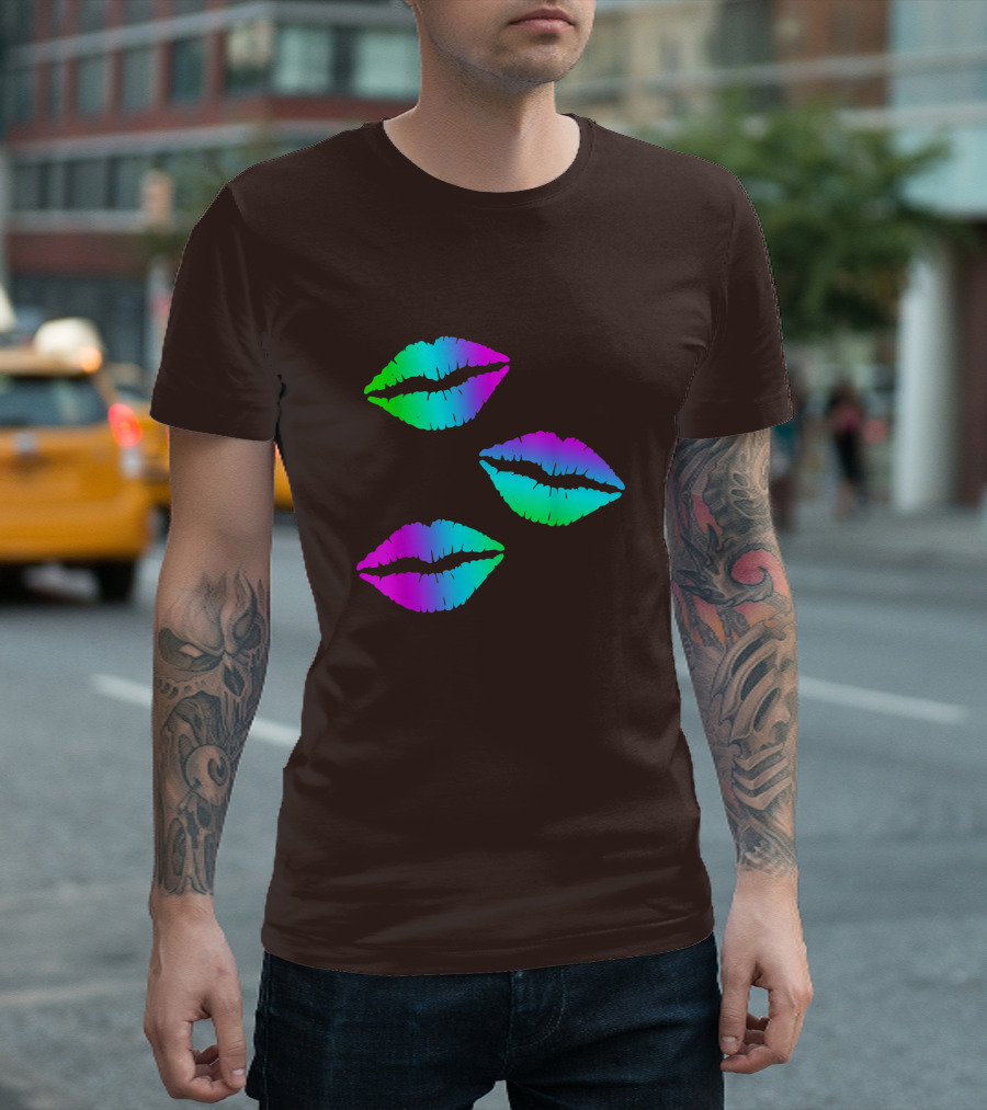 Funky Bright Neon Colours 80s Lipstick Rainbow Kiss Prints T-Shirt